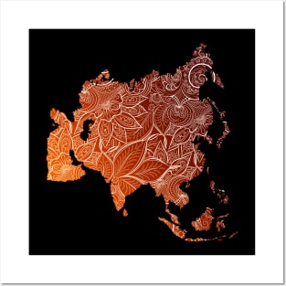 Colorful mandala art map of Asia with text in brown and orange Posters and Art